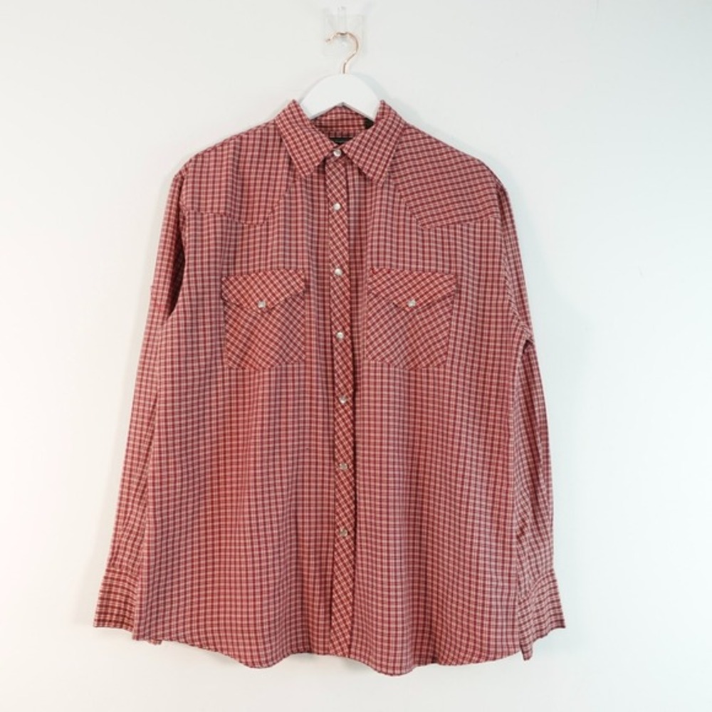 Cascade Mens Western Shirt MEDIUM Red Plaid Sawtooth Pearl Snap‎ Ranch